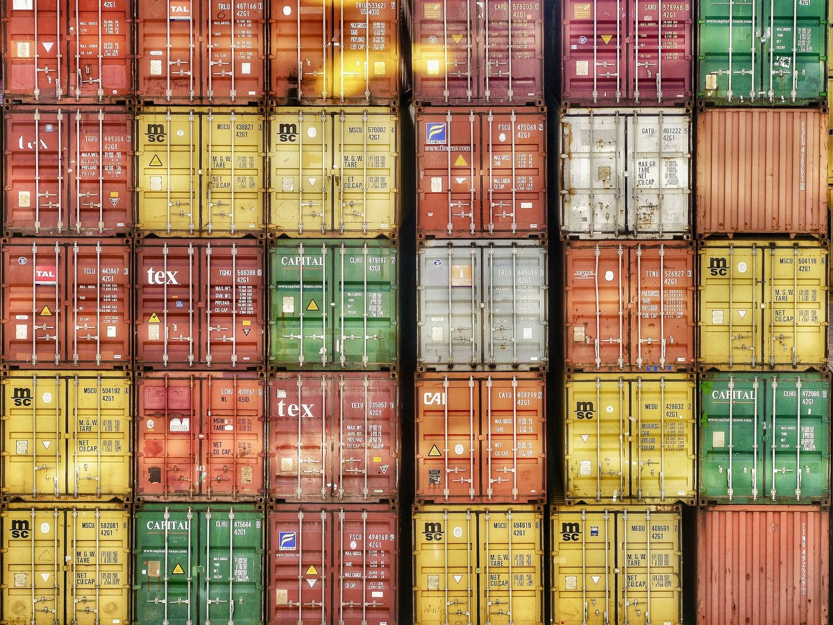 Stacked shipping containers in a container yard